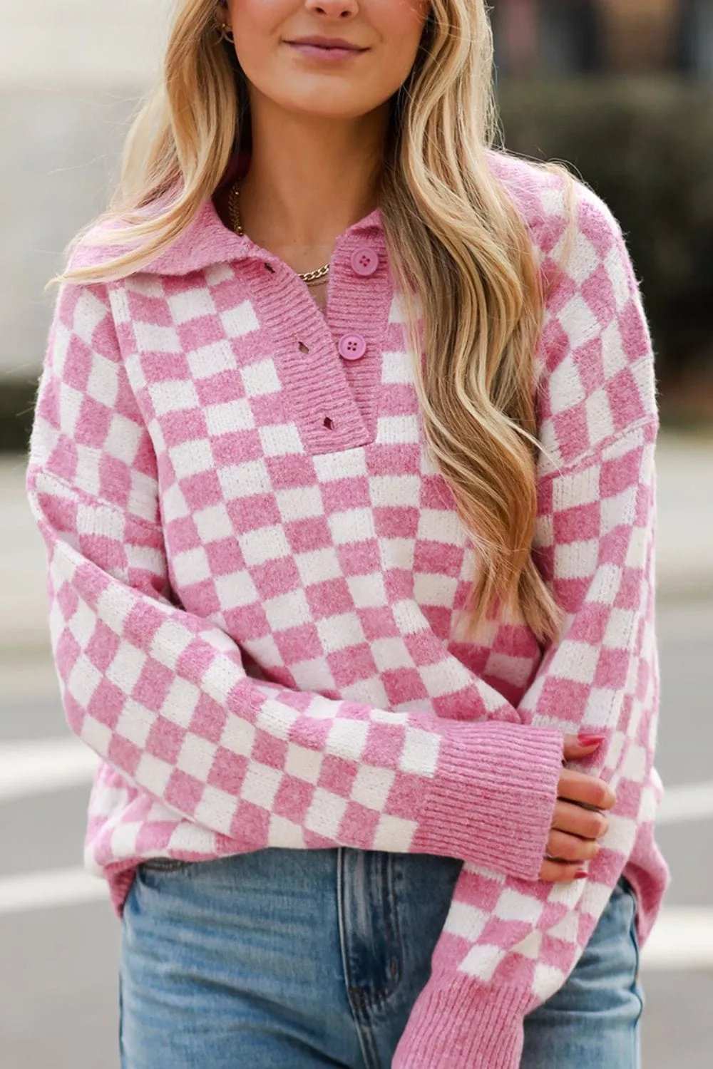 Checkered Collared Neck Long Sleeve Sweater - Trendsi - Flyclothing LLC
