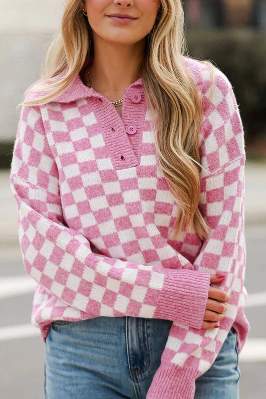 Checkered Collared Neck Long Sleeve Sweater - Trendsi - Flyclothing LLC