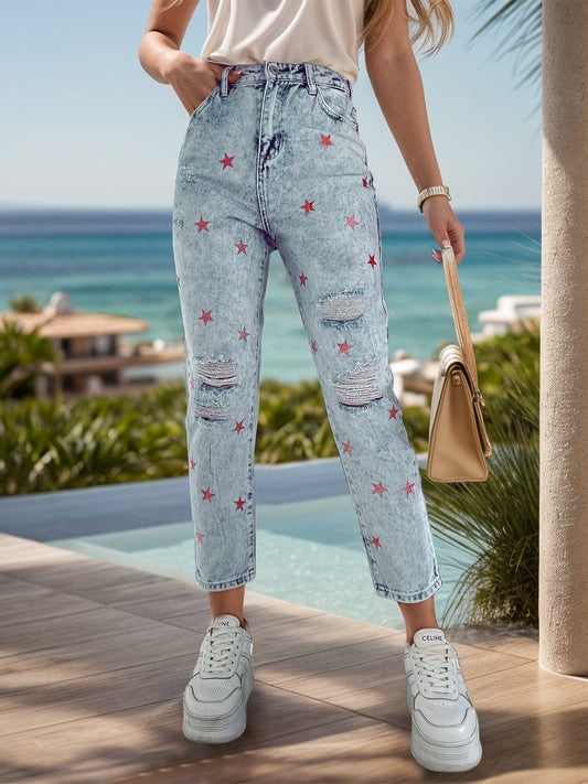 Distressed Star Jeans with Pockets - Trendsi