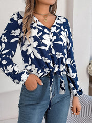 Printed V-Neck Long Sleeve Blouse - Trendsi
