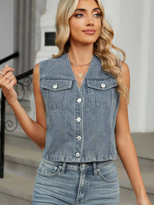 V-Neck Button Down Denim Vest - Trendsi - Flyclothing LLC