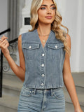 V-Neck Button Down Denim Vest - Trendsi