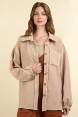 VERY J Mixed Media Button Down Raw Hem Shacket - Trendsi - Flyclothing LLC