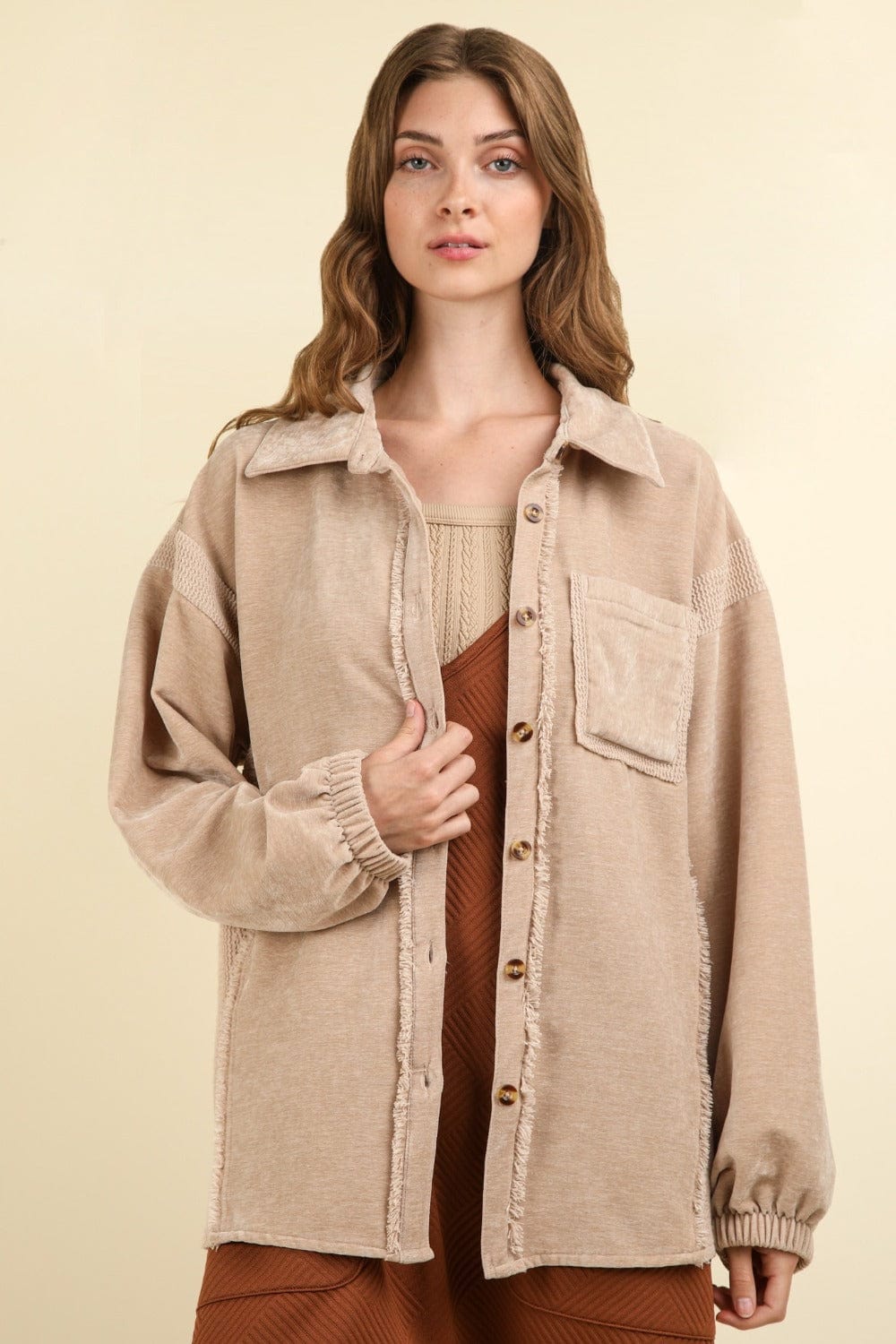 VERY J Mixed Media Button Down Raw Hem Shacket - Trendsi