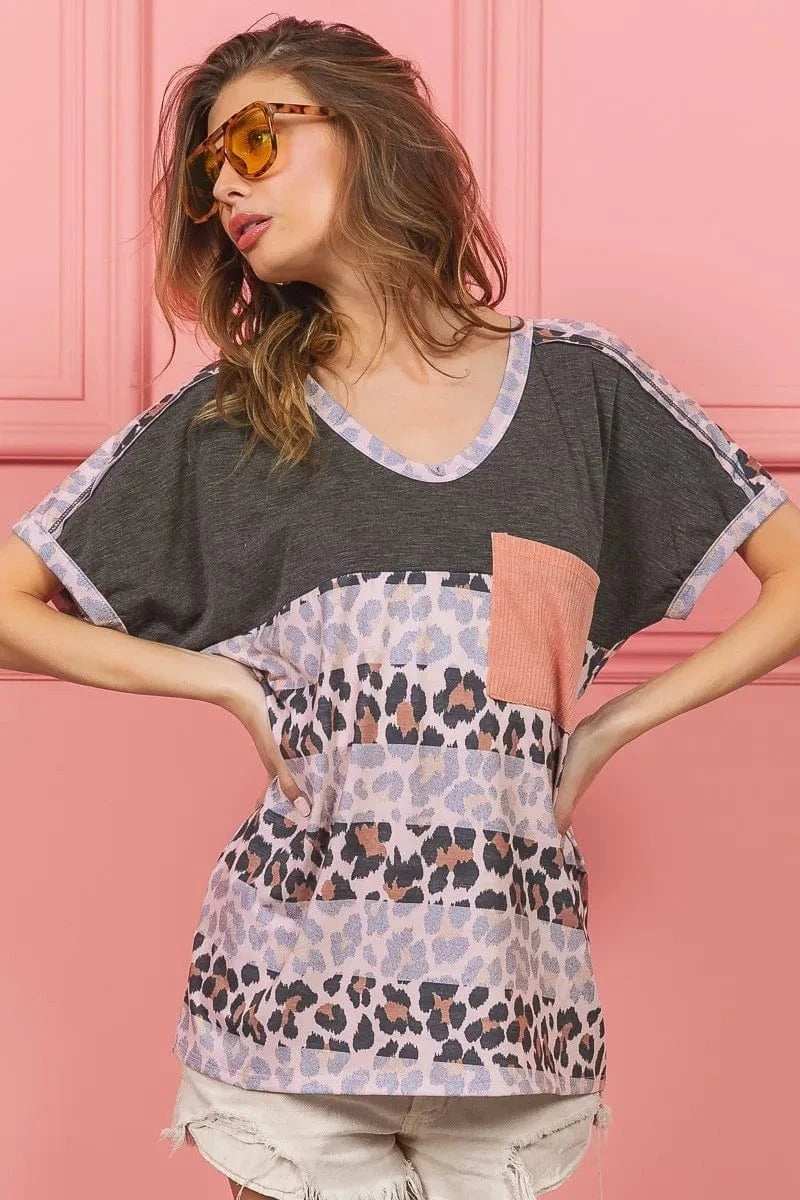 BiBi Leopard Stripe with Slub Terry Color Block T-Shirt - Trendsi - Flyclothing LLC