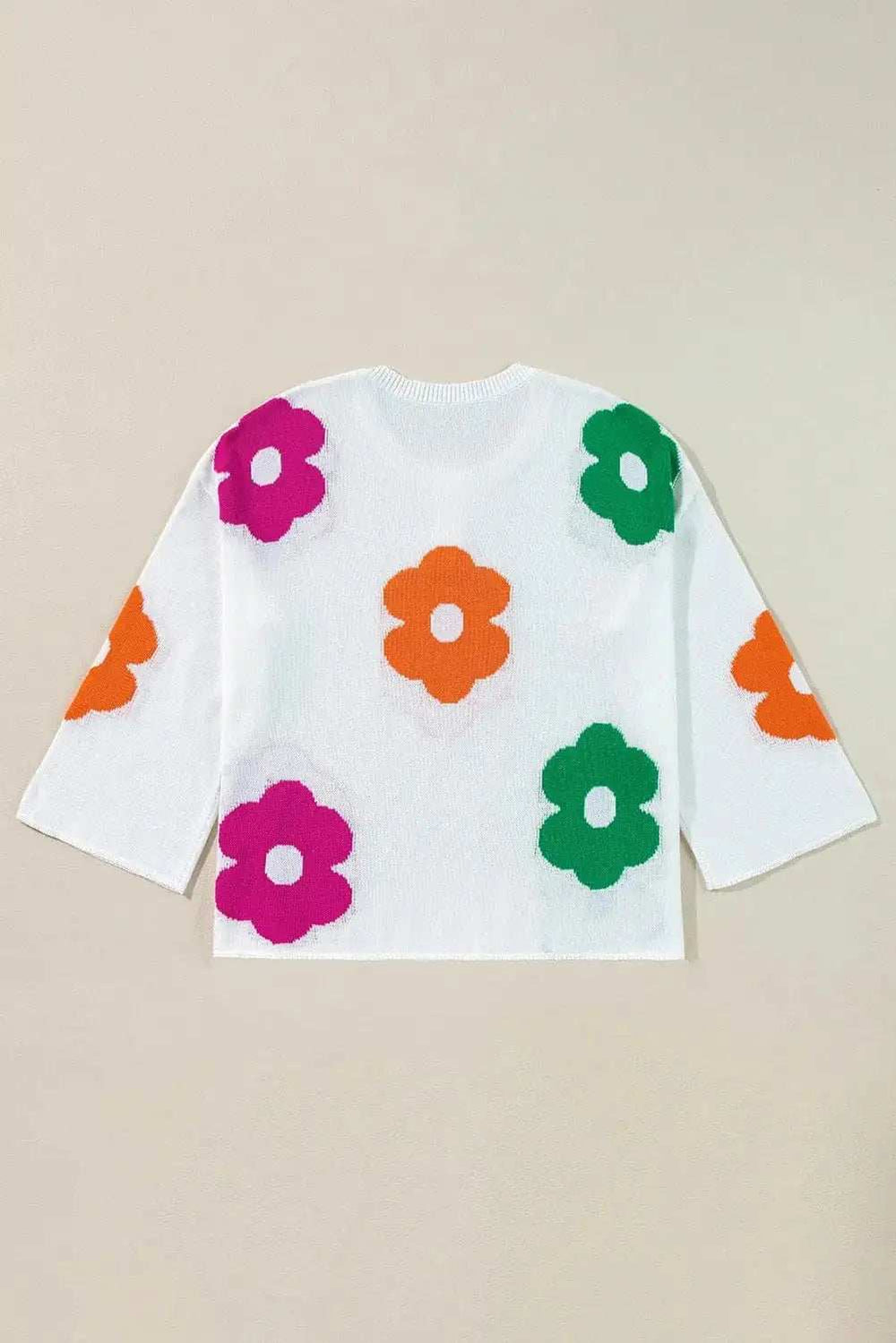 Flower Round Neck Quarter Button Knit Top - Trendsi - Flyclothing LLC