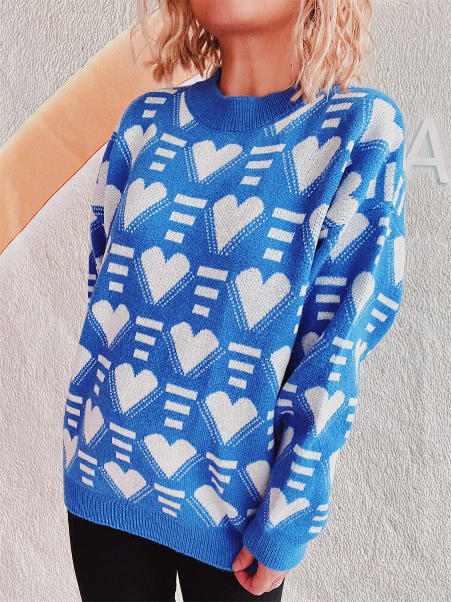 Heart Contrast Long Sleeve Dropped Shoulder Sweater - Trendsi