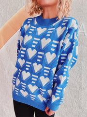 Heart Contrast Long Sleeve Dropped Shoulder Sweater - Trendsi