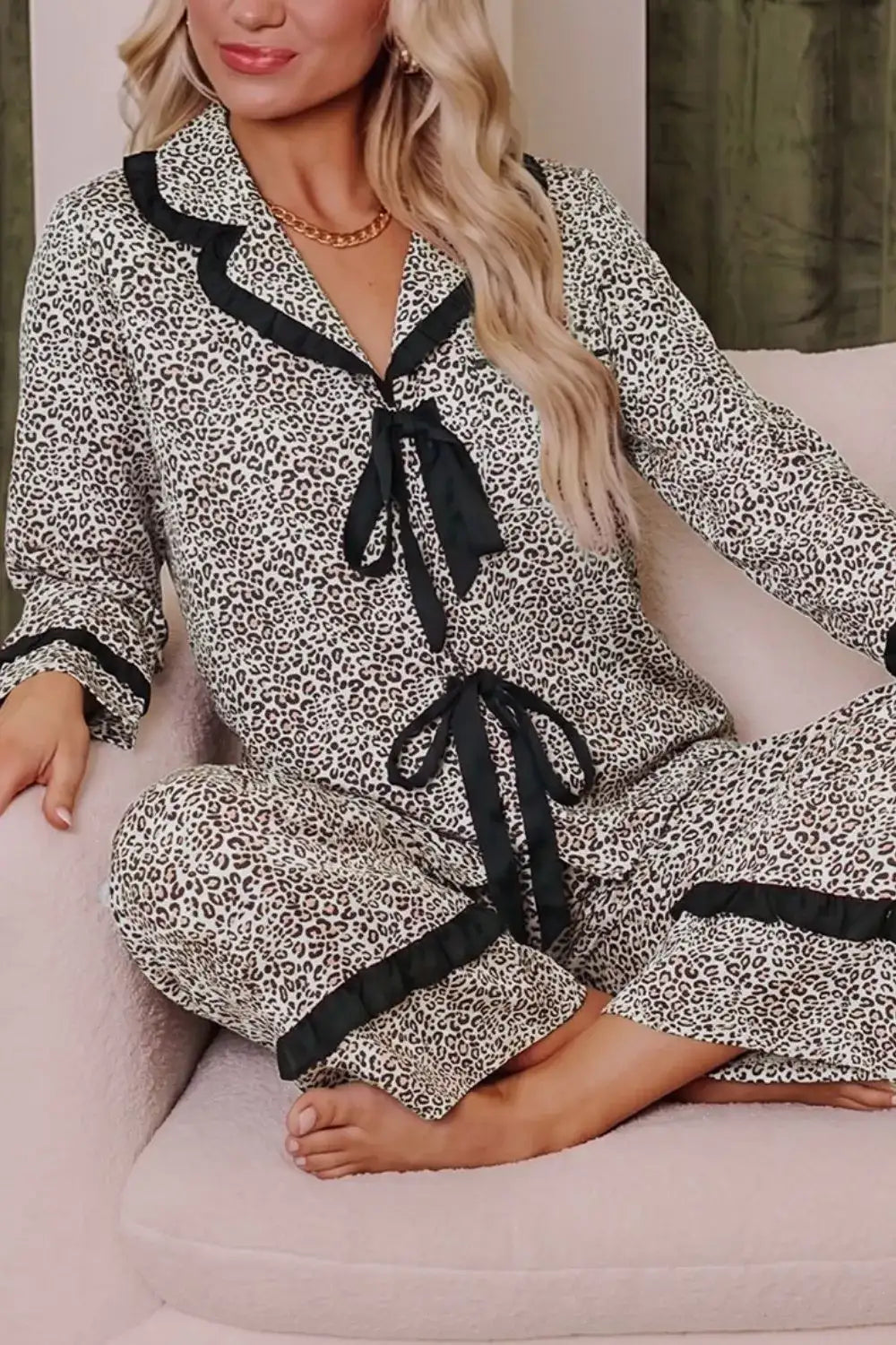 Leopard Print Bow Knot Patchwork Long Sleeve Lounge Set - Trendsi - Flyclothing LLC