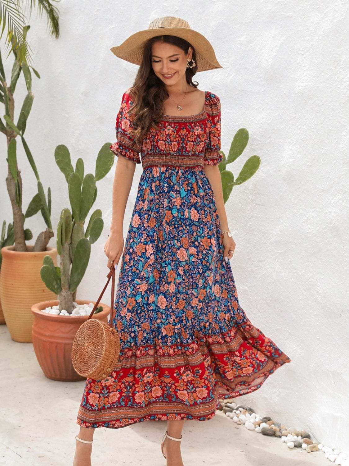 Floral Flounce Sleeve Midi Dress - Trendsi - Flyclothing LLC