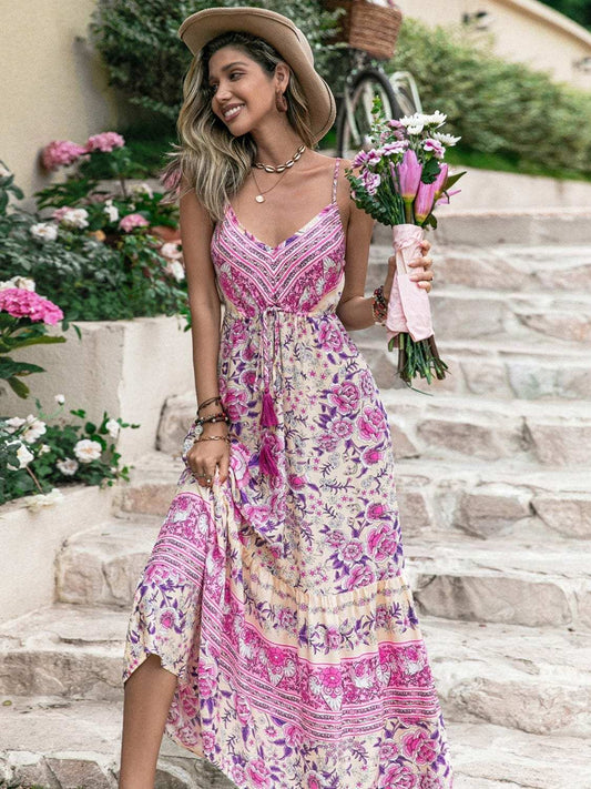 Tassel Printed V-Neck Maxi Dress - Trendsi - Flyclothing LLC