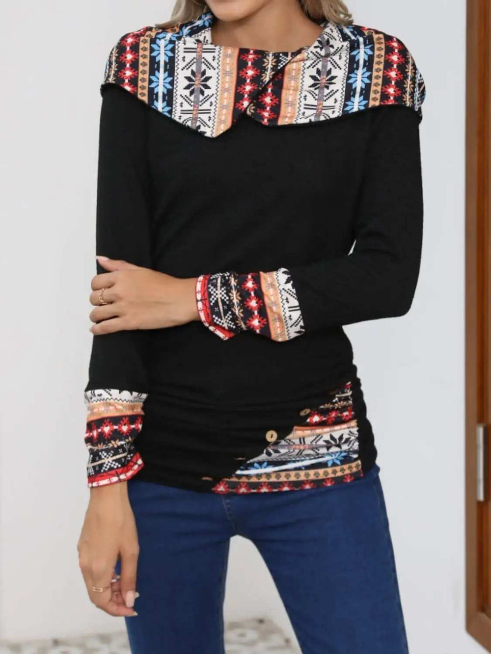 Printed Collared Neck Long Sleeve Blouse - Trendsi - Flyclothing LLC