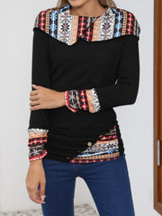 Printed Collared Neck Long Sleeve Blouse - Trendsi