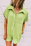 Textured Short Sleeve Patched Pocket Buttoned Romper - Trendsi