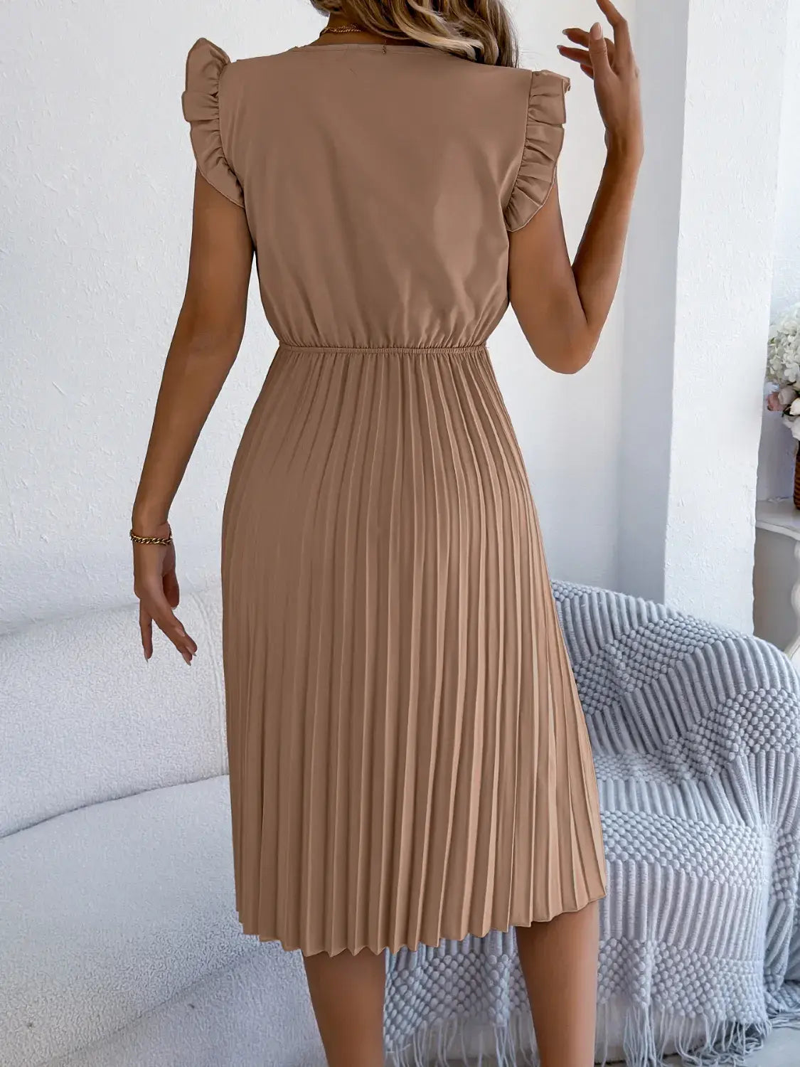 Lace Detail Ruffled Cap Sleeve Pleated Dress - Trendsi - Flyclothing LLC