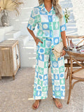 Devine Printed Collared Neck Half Sleeve Top and Pants Set - Trendsi - Flyclothing LLC