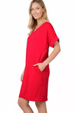 Zenana Brushed Dty Rolled Short Sleeve V-Neck Dress - Trendsi - Flyclothing LLC
