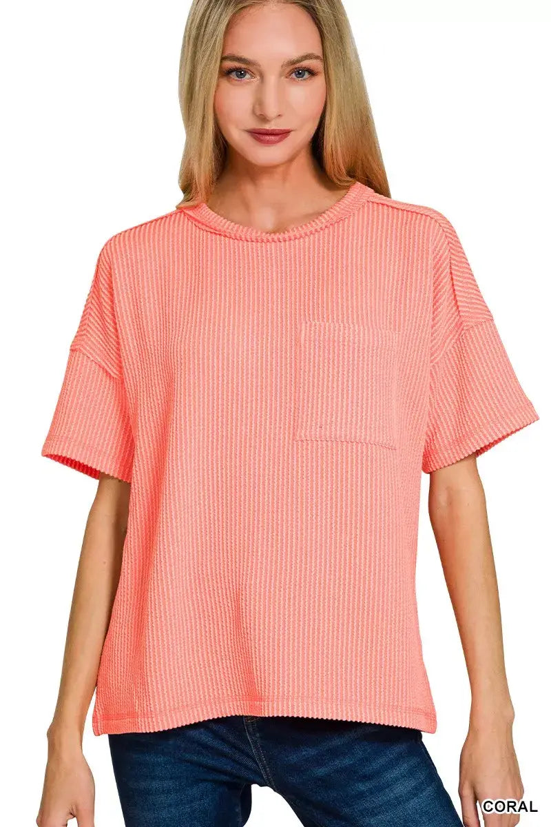 Zenana Raised Rib Exposed Seam Short Sleeve Top - Trendsi - Flyclothing LLC