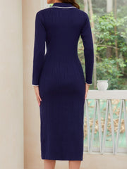 Quarter Button Long Sleeve Midi Dress - Trendsi