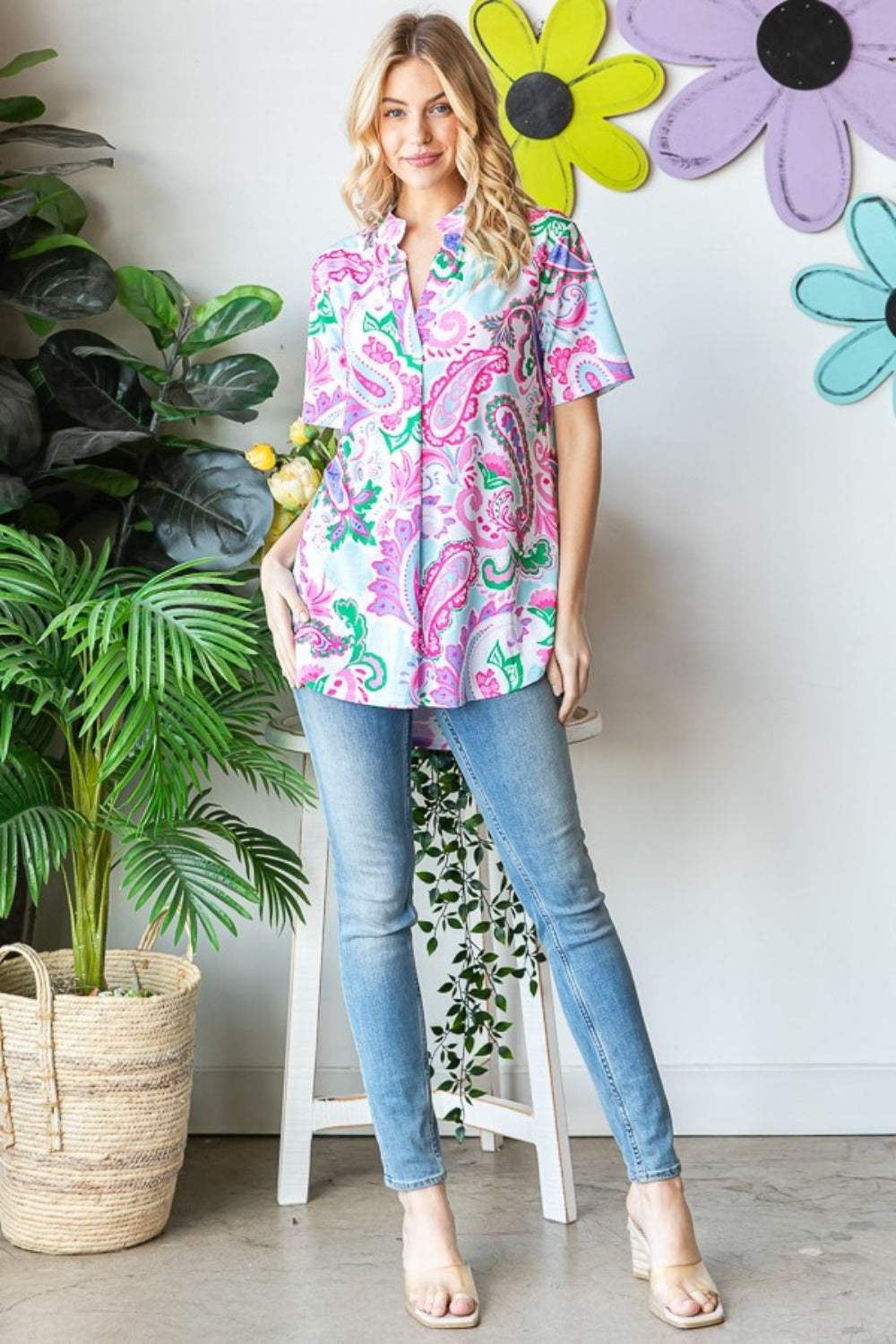 Heimish Full Size Paisley Print Short Sleeve Top - Trendsi - Flyclothing LLC