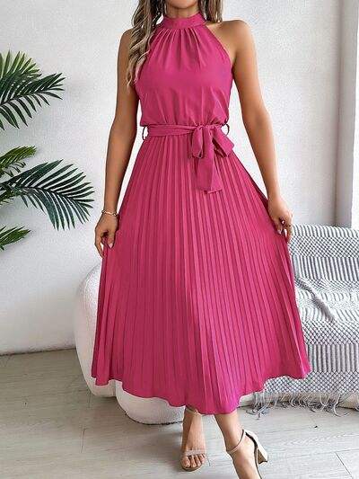 Pleated Tie Waist Sleeveless Midi Dress - Trendsi - Flyclothing LLC