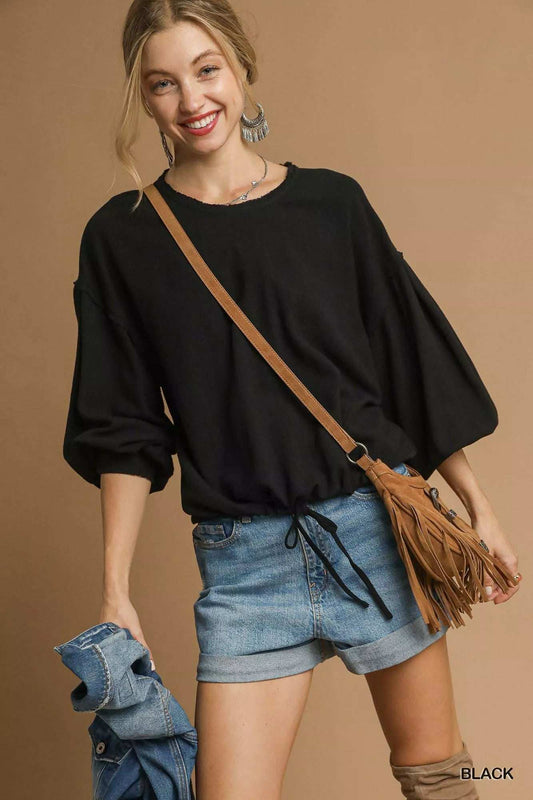 Umgee Full Size Linen Long Sleeve Top with Drawstring Plus Size - Trendsi - Flyclothing LLC