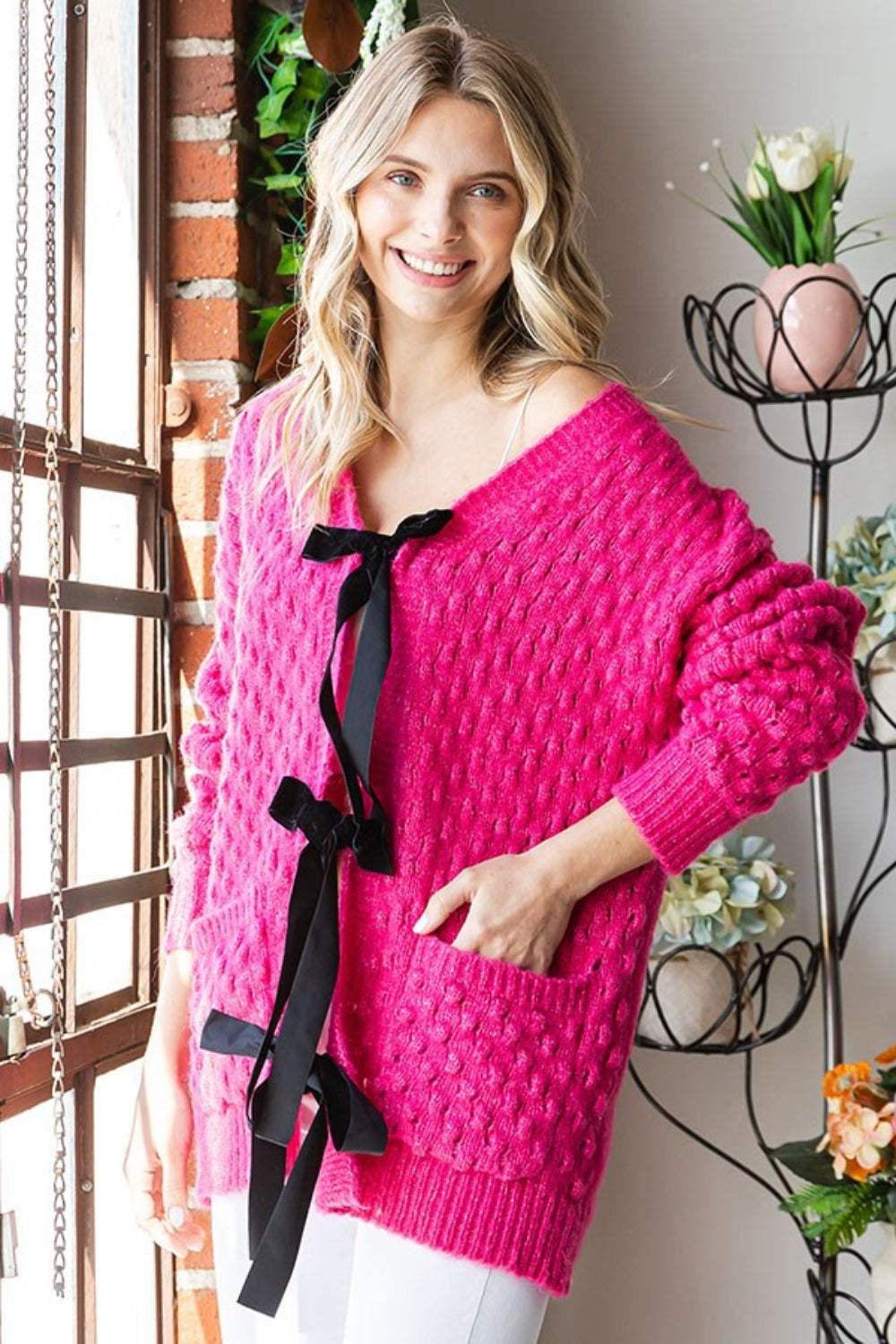 First Love Tie Closure Open Knit Cardigan - Trendsi - Flyclothing LLC