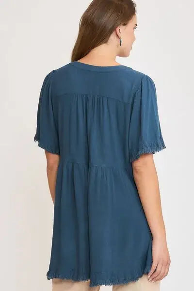 Umgee Full Size Raw Hem Notched Babydoll Linen Blouse Plus Size - Trendsi - Flyclothing LLC