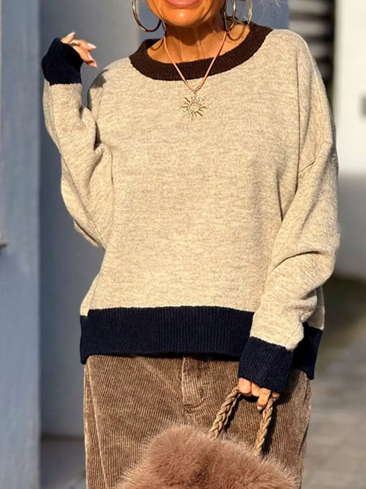 Contrast Trim Crew Neck Sweater - Trendsi - Flyclothing LLC
