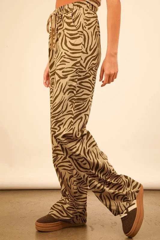 VERY J Animal Print Linen Wide Leg Pants - Trendsi - Flyclothing LLC