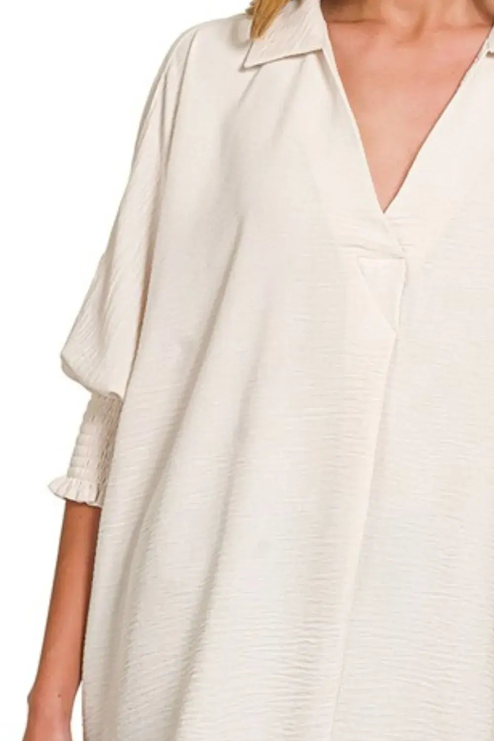 Zenana Airflow Collar Tee with Smocked Sleeve Band Top - Trendsi - Flyclothing LLC