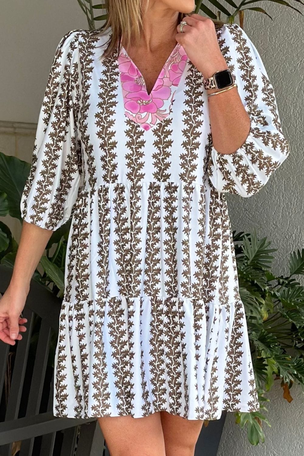 Printed Notched 3/4 Sleeve Mini Dress - Trendsi