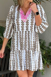 Printed Notched 3/4 Sleeve Mini Dress - Trendsi