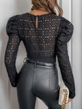 Perfee Lace Round Neck Puff Sleeve Bodysuit - Trendsi