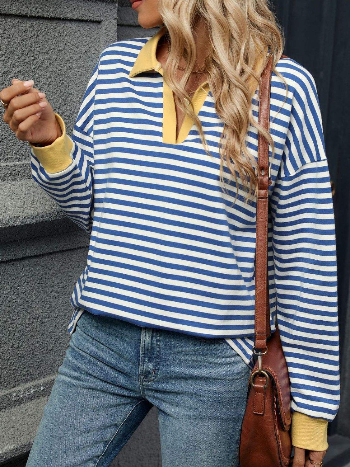 Striped Johnny Collar Long Sleeve Sweatshirt - Trendsi - Flyclothing LLC