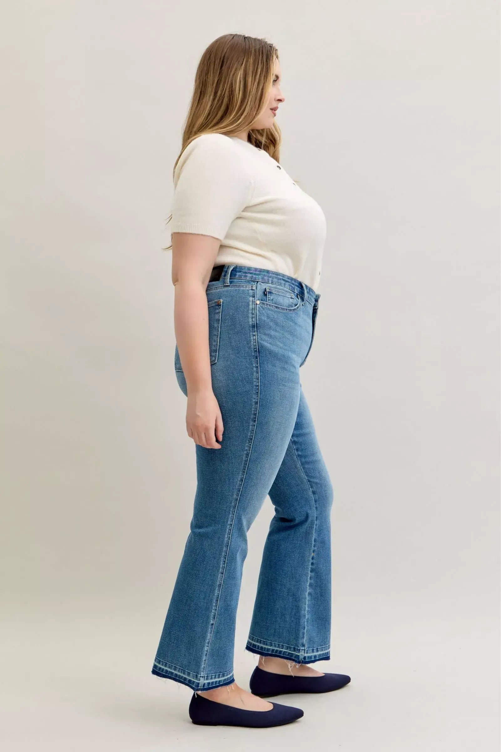 Judy Blue Full Size Mid Rise Slim Bootcut Tummy Control Release Hem Jeans Plus Size - Trendsi - Flyclothing LLC