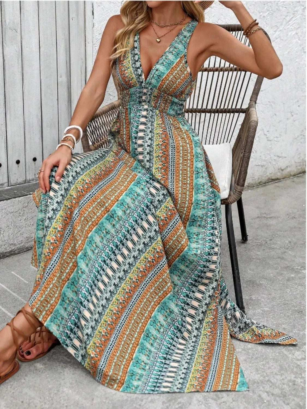 Tied Back Printed Sleeveless Maxi Slit Dress - Trendsi - Flyclothing LLC