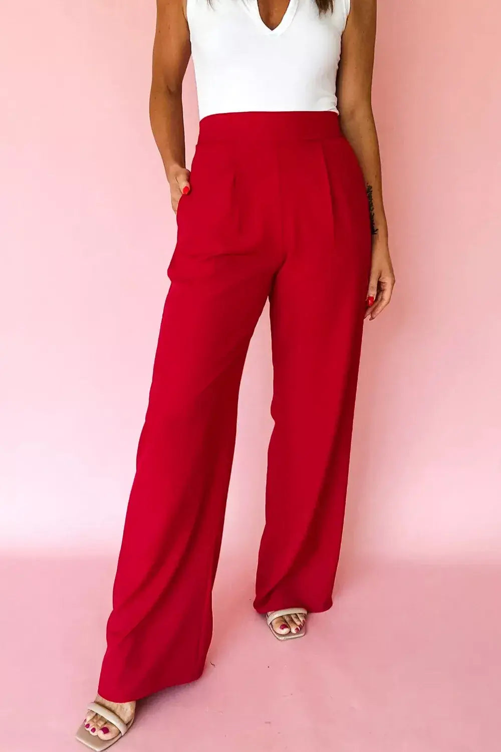 Pleated Detail Pull On High Elastic Waist Loose Straight Pants - Trendsi - Flyclothing LLC
