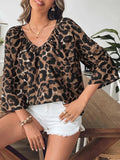 Oversized Leopard V-Neck Three-Quarter Sleeve Blouse - Trendsi - Flyclothing LLC