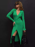 Tied Collared Neck Long Sleeve Sweater Dress - Trendsi - Flyclothing LLC