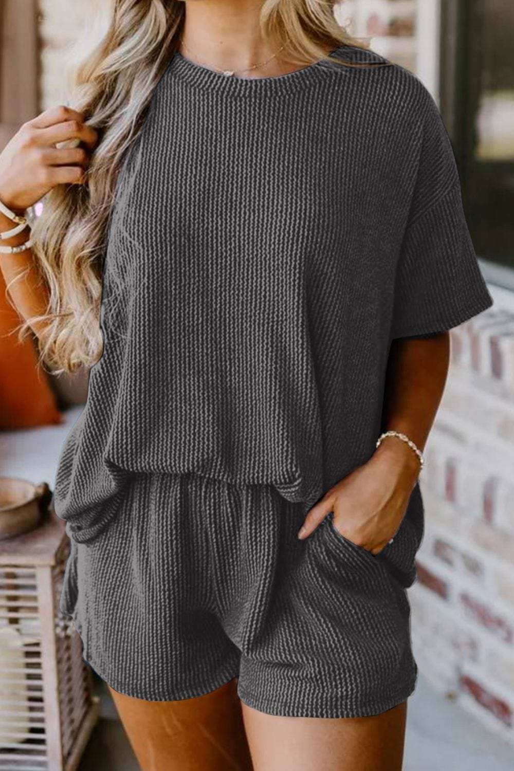 Textured Round Neck Top and Shorts Set - Trendsi - Flyclothing LLC