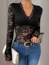 Perfee Lace V-Neck Long Sleeve Bodysuit - Trendsi - Flyclothing LLC