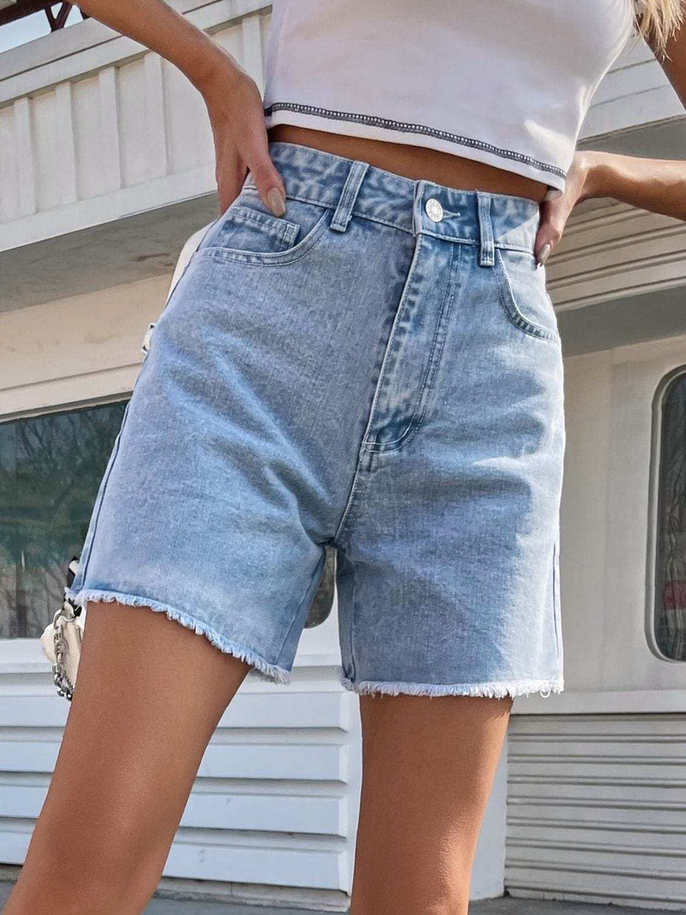 Raw Hem High Waist Denim Shorts - Trendsi - Flyclothing LLC