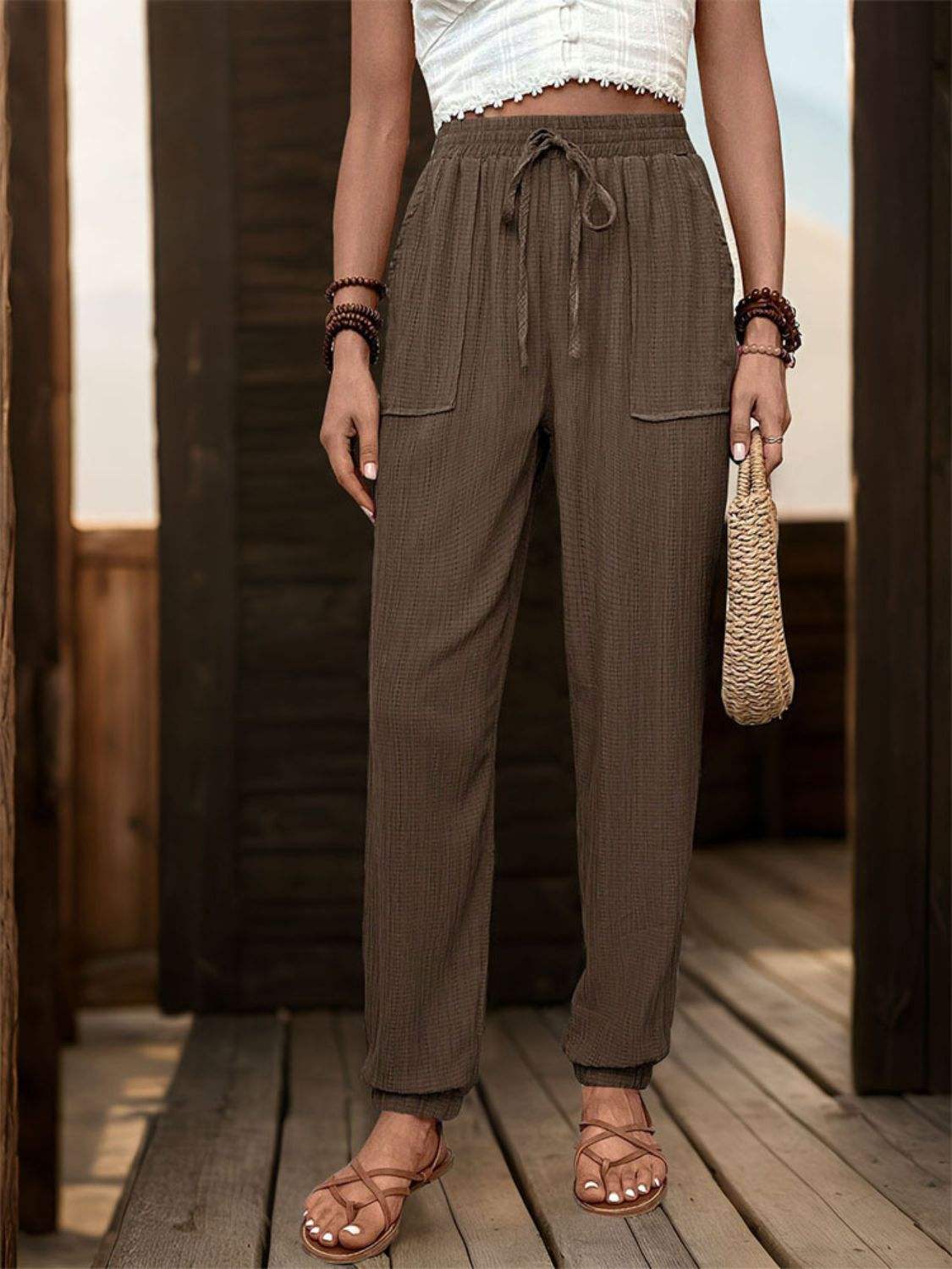 Textured High Waist Joggers - Trendsi - Flyclothing LLC