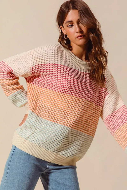 SO ME Multi Color Block Long Sleeve Sweater - Trendsi - Flyclothing LLC