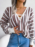 Striped Lace-Up Long Sleeve Sweater - Trendsi