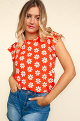 Haptics Round Neck Ruffled Floral Contrast Knit Top - Trendsi