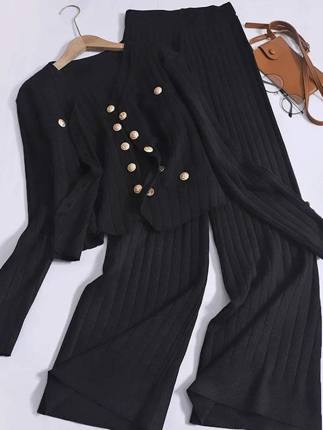 V-Neck Tank, Cardigan and Pants Three-Piece Sweater Set - Trendsi - Flyclothing LLC