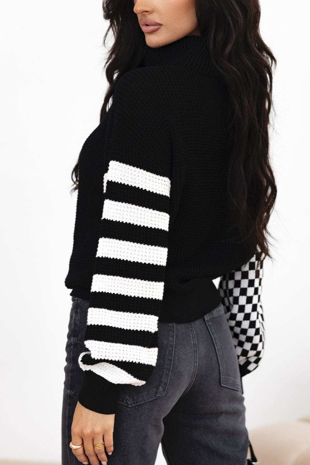 Striped & Checkered Turtleneck Dropped Shoulder Sweater - Trendsi - Flyclothing LLC