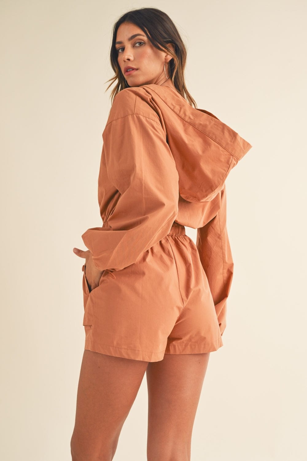 Mable Snap Down Long Sleeve Hooded Romper - Trendsi
